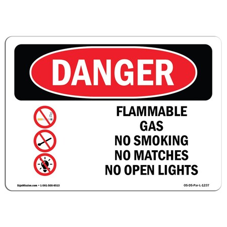 Signmission OSHA Sign, Flammable Gas No Smoking Matches, 18in X 12in Rigid Plastic, 12" W, 18" L, Landscape OS-DS-P-1218-L-1237